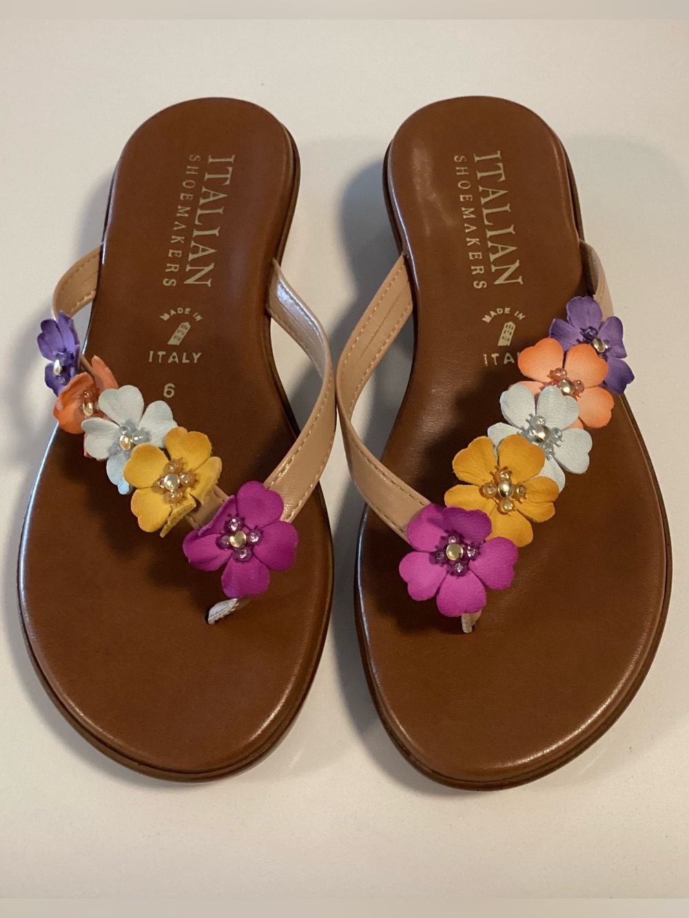 Italian Shoemakers: Multicolour Rhinestone Flower Sandals (subtle wedge)